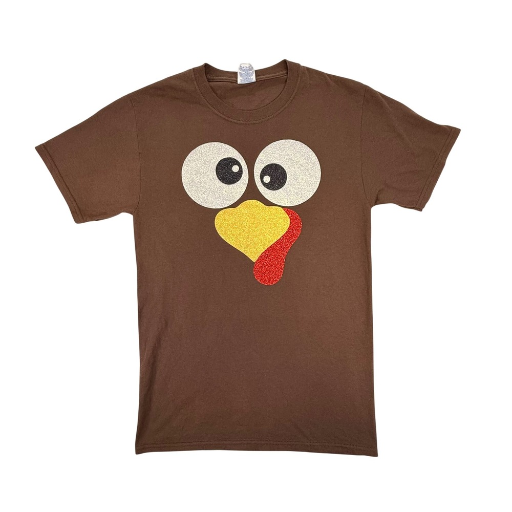 Jerzees Womens Brown Turkey Face Glitter Graphic T-Shirt Thanksgiving Small